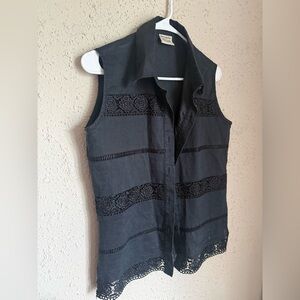 Magic Black Sleeveless Lace-Panel Button Front Top